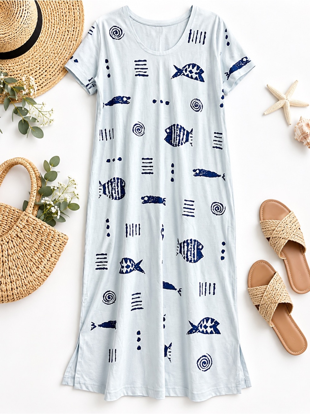 M.MAC Rock Fish Cotton Knit Maxi Dress Blue
White Fish Print Size XL Coastal